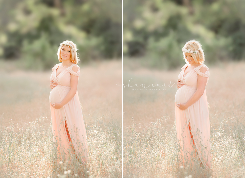 Sacramento Maternity Photographer-Sacramento Photographer-Best Maternity Photographer-Shan Cait-El Dorado Hills Photographer-pink dress-field-floral crown-natural