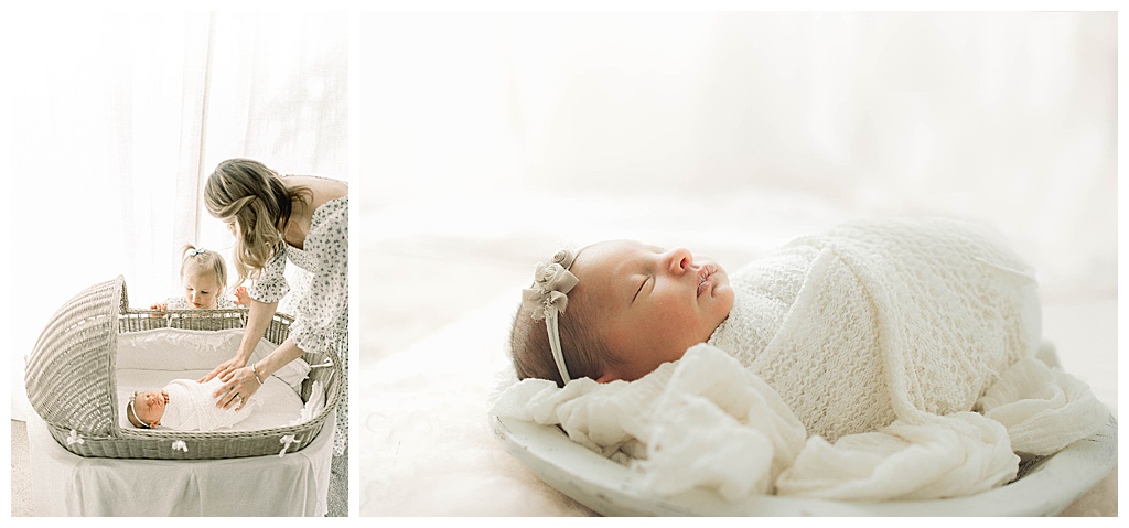 newborn photo session in a bassinet
